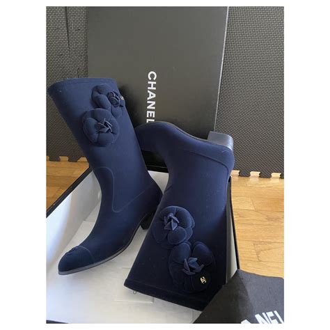 Stivali da pioggia Chanel Camellia Blu navy Velluto ref.227588